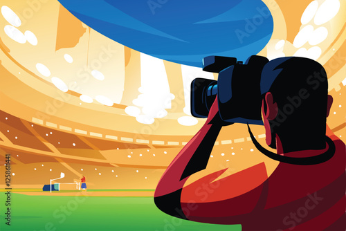 A focused sports photographer in a bustling stadium, capturing the intense action of a game, using a professional telephoto lens.