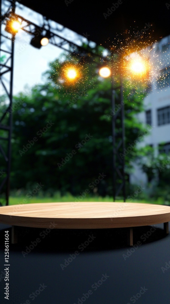 Fototapeta premium Round Wooden Stage Display with Outdoor Background and Golden Spotlights