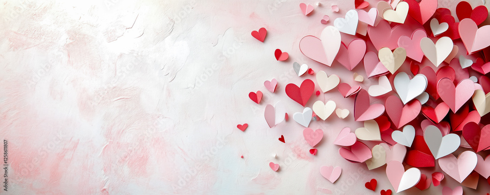 Scattered paper hearts in red, pink, and white colors on a clean, textured background. Concept of Valentine's Day cards and banner. Scattered paper hearts in red, pink, and white colors on a clean, textured background. Concept of Valentine's Day cards and banner.