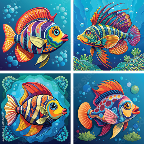 cute sea fish set, freshwater aquarium cartoon fish for print, children development, Varieties of decorative colored fish