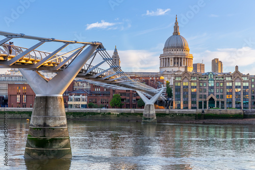 St. Paul's Cathedral and the Millennium Bridge in London in the morning