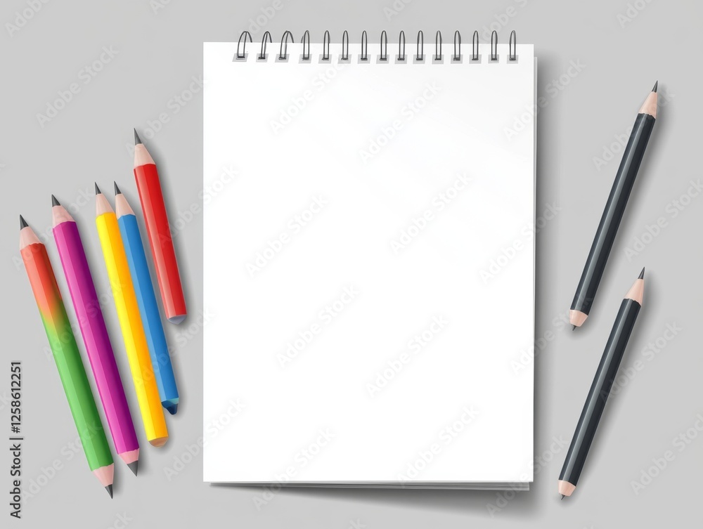 Blank spiral notepad, colored pencils, grey background, school supplies mockup Blank spiral notepad, colored pencils, grey background, school supplies mockup