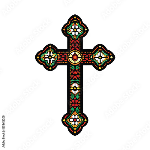 Design a stained glass window depicting an intricately detailed cross, showcasing vibrant jewel tones and flowing patterns.