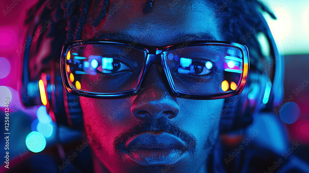 Professional esports player focused on intense gaming competition with neon RGB lighting in a futuristic championship setting Professional esports player focused on intense gaming competition with neon RGB lighting in a futuristic championship setting