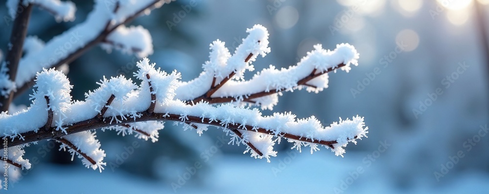 Frosty tree branch covered in delicate snow crystals, winter, cold, white Frosty tree branch covered in delicate snow crystals, winter, cold, white