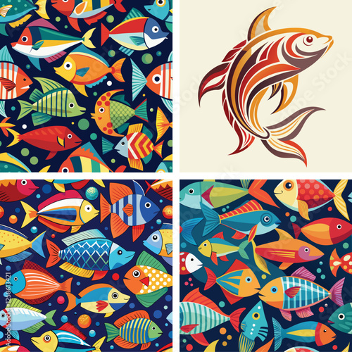 cute sea fish set, freshwater aquarium cartoon fish for print, children development, Varieties of decorative colored fish