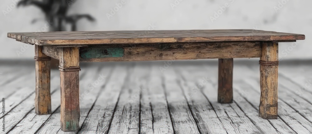 Rustic Weathered Wooden Coffee Table on Whitewashed Floor