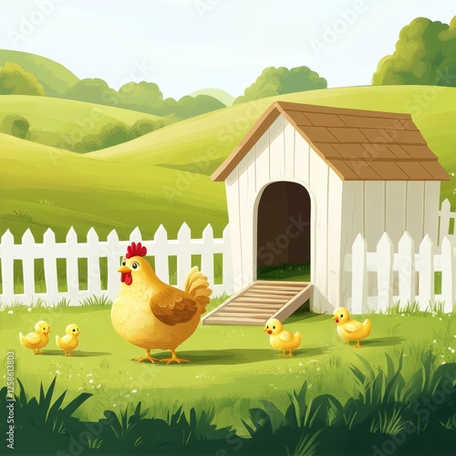 Whimsical Farm Scene with Hen, Chicks, and Chicken Coop in a Sunny Rural Landscape Painting