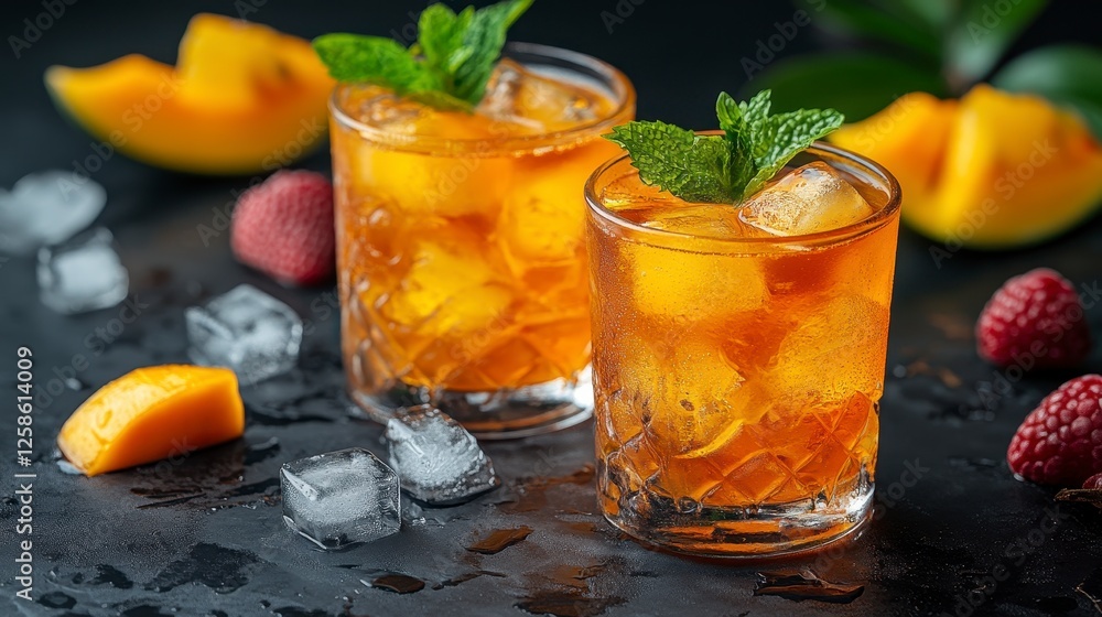 Refreshing mango iced tea with raspberries. Drinks photography Refreshing mango iced tea with raspberries. Drinks photography