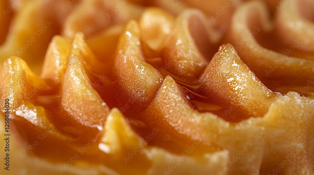Close-up of golden waffle drizzled with syrup showcasing delicious details and texture inviting the appetite. Generative AI Close-up of golden waffle drizzled with syrup showcasing delicious details and texture inviting the appetite. Generative AI