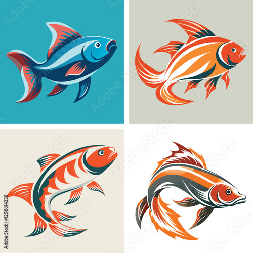 cute sea fish set, freshwater aquarium cartoon fish for print, children development, Varieties of decorative colored fish