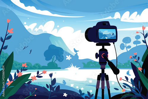 A charismatic travel vlogger films a vibrant travelogue, showcasing stunning exotic scenery and local culture.