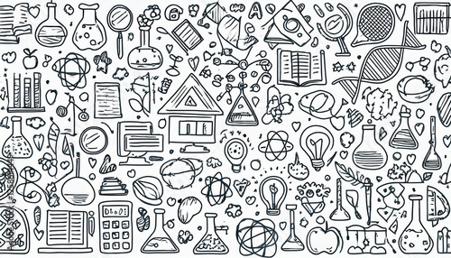 Doodle science, education school icon. Hand drawn sketch style doodle science background. School chemistry, physics education, biology concept icon. Hand drawn line perfect any project.