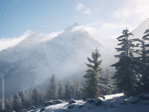 A peaceful snow-covered landscape with pine trees in the foreground and jagged mountains in the background, captured in ultra-realistic detail with cinematic lighting. photo