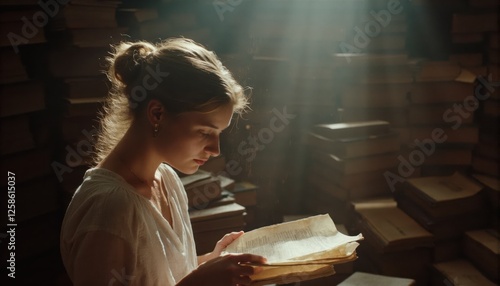 A young woman in a white blouse reads an aged manuscript in a dimly lit library surrounded by towering stacks of books as golden sunlight streams through the air. photo