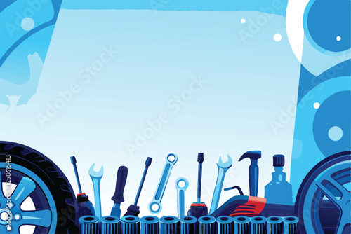 Create a vector background illustrating automotive repair, featuring crossed wrenches, nuts, bolts, and other repair tools.  Style should be clean and modern.