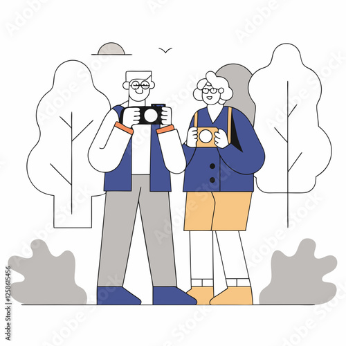 Active longevity active seniors Elderly couple taking photos during a nature walk