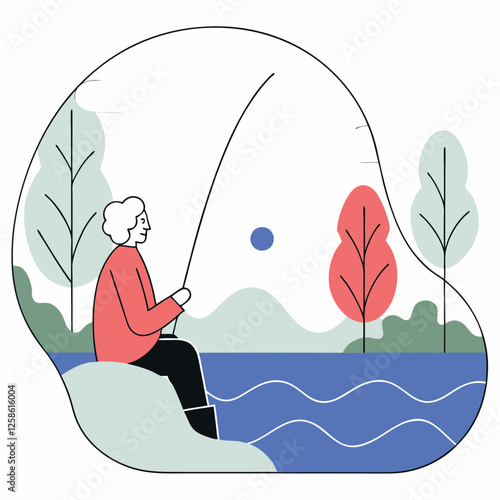 Active longevity active seniors senior woman fishing by the lake in a modern illustration