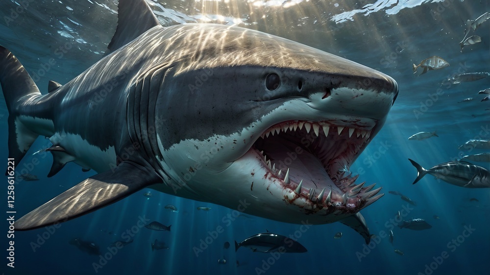 Fototapeta premium Powerful Shark Swimming Freely in the Deep Blue Ocean Waters 