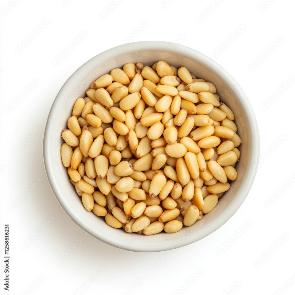 White bowl of pine nuts, studio shot, isolated background, culinary ingredient White bowl of pine nuts, studio shot, isolated background, culinary ingredient
