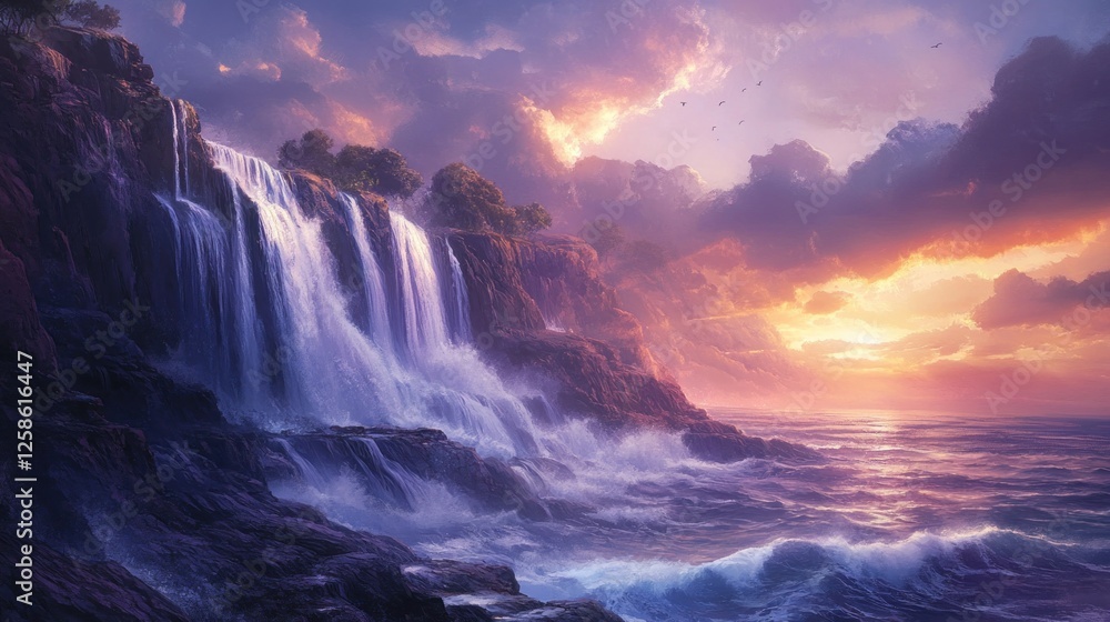 Fototapeta premium Majestic Waterfall Sunset Seascape: A Dreamlike Coastal Paradise