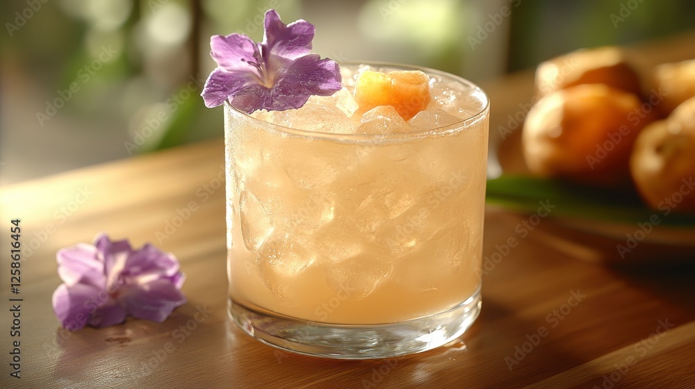 Refreshing peach cocktail garnished with flowers, on wooden table, blurred background Refreshing peach cocktail garnished with flowers, on wooden table, blurred background