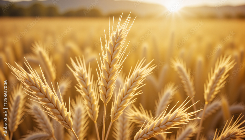 Golden wheat swaying gently in warm evening light, natural beauty and tranquility Golden wheat swaying gently in warm evening light, natural beauty and tranquility