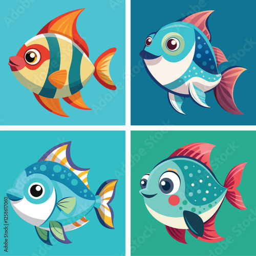 cute sea fish set, freshwater aquarium cartoon fish for print, children development, Varieties of decorative colored fish