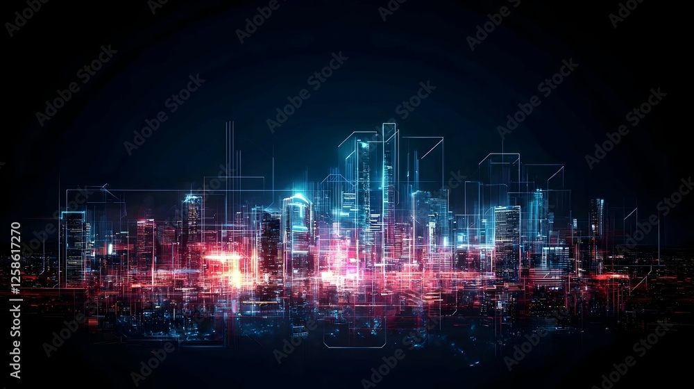 Naklejka premium Futuristic City Nightscape Glowing with Vibrant Neon Lights