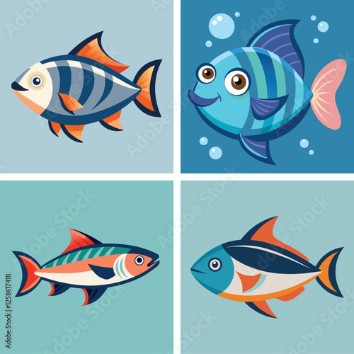 cute sea fish set, freshwater aquarium cartoon fish for print, children development, Varieties of decorative colored fish