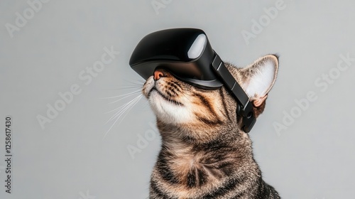 Cat wearing virtual reality headset indoors for fun. photo