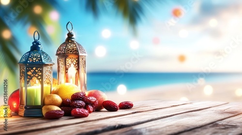 Lit Lanterns Dates Fruit Beach Setting Warm Festive Mood