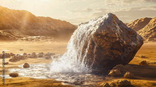 A great divine miracle when water flowed from the rock after God commanded Moses to strike the rock with his staff, and then water poured out from the rock, a biblical miracle.