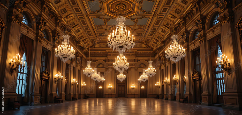 A grand illuminated palace ballroom, with its grand chandeliers and detailed ceiling glowing warmly under the evening lights. The quiet hall, with softly lit pathways, adds to the elegant and historic A grand illuminated palace ballroom, with its grand chandeliers and detailed ceiling glowing warmly under the evening lights. The quiet hall, with softly lit pathways, adds to the elegant and historic