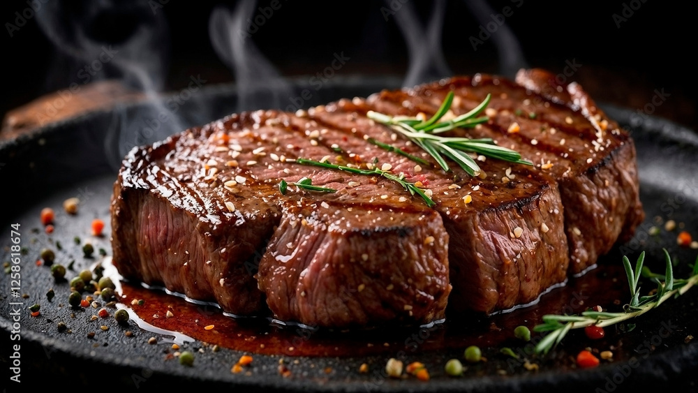 Grilled beef steak with rosemary and spices on a black background Grilled beef steak with rosemary and spices on a black background