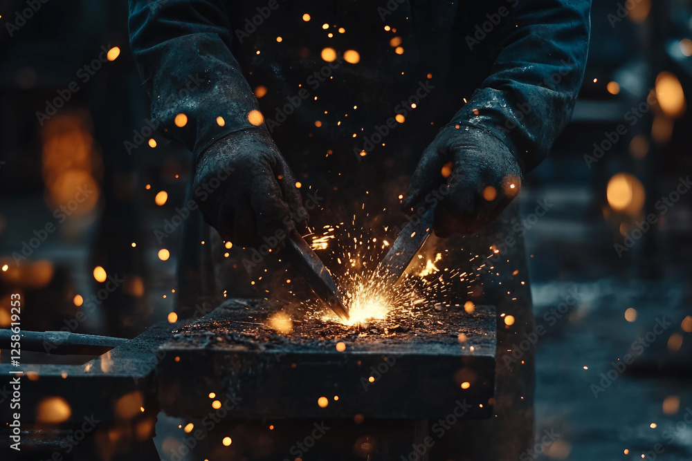Blacksmith at Work with metal Hammer and Anvil, Creating Sparks in Traditional Forge, Generative AI photo Blacksmith at Work with metal Hammer and Anvil, Creating Sparks in Traditional Forge, Generative AI photo