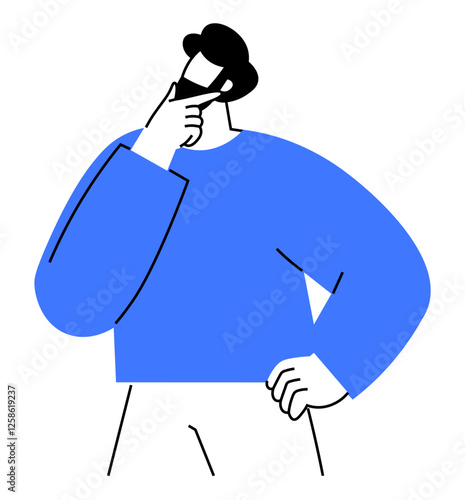 Simplistic black-and-blue sketch of a person with one hand on chin in a thoughtful pose. Ideal for concepts thumbs up pondering, decisions, ideas, reflection, problem-solving, innovation, critical