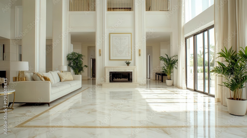 Fototapeta premium Luxury villa twostory interior with marble floors, gold accents, and designer furniture