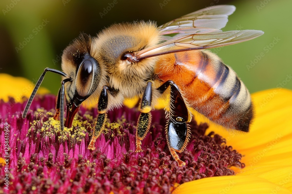 Detailed macro photograph of a honey bee gathering pollen from a vibrant flower blossom.