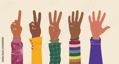Human hands different races, showing fingers to count from one to five. Hand drawn vector illustration isolated on light background, modern flat cartoon style.
