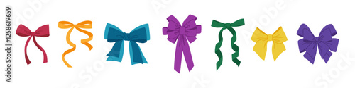 Set of colorful ribbon bows. Festive decorative element. Hand drawn vector illustration isolated on white background, modern flat cartoon style.