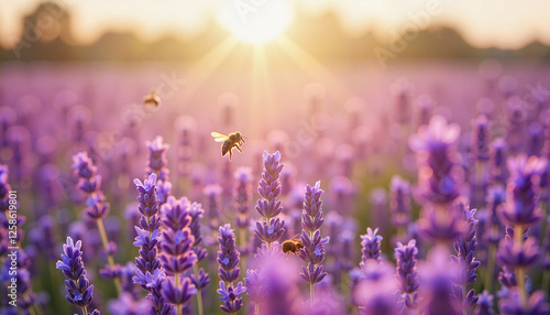Bees hovering over lavender flowers at sunset, beauty of nature