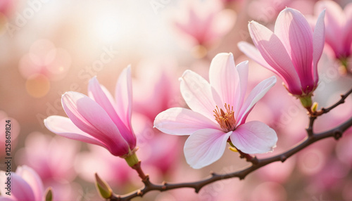 Delicate pink magnolia blossoms in soft sunlight, floral elegance