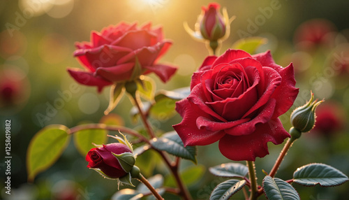 Fotografija Blooming red roses with morning dew in sunlight, timeless beauty