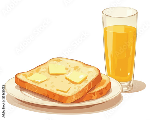 a glass of orange juice next to a plate of bread 