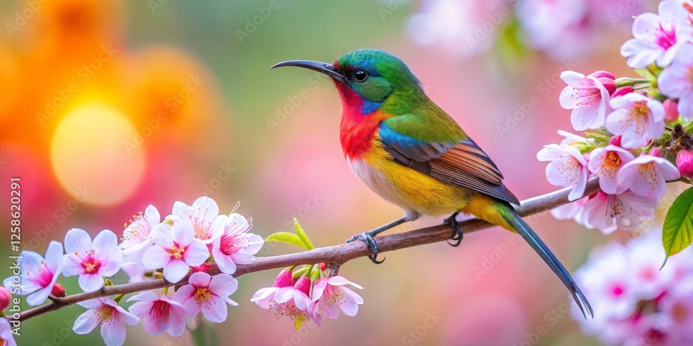 Colorful Bird Perched on Branch Surrounded by Blooming Flowers Colorful Bird Perched on Branch Surrounded by Blooming Flowers