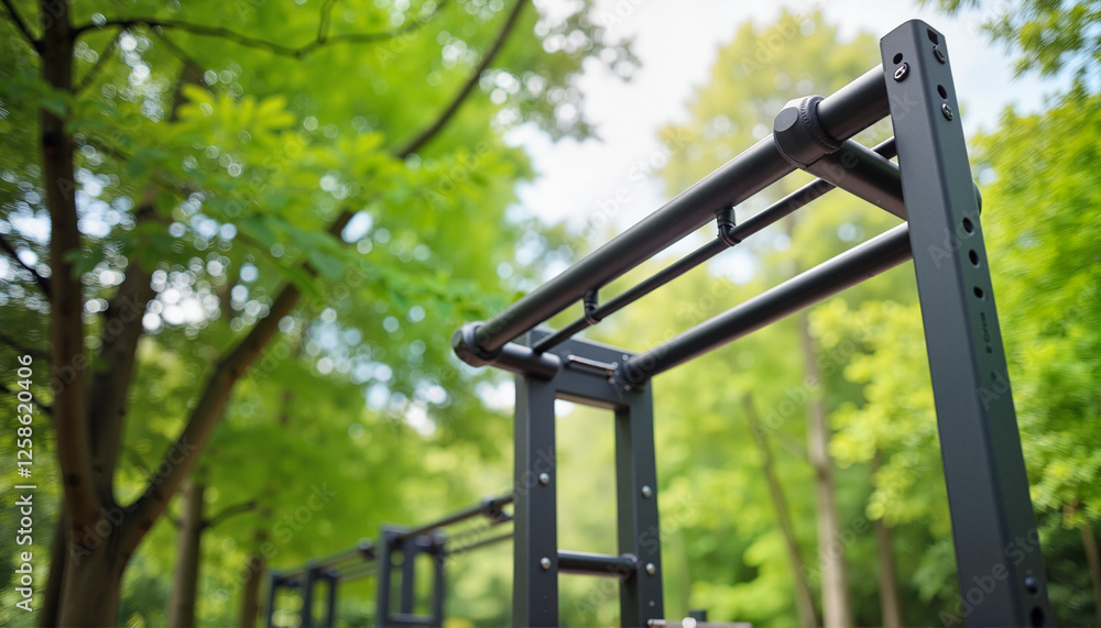 Sturdy pull-up bar in serene park, encouraging outdoor fitness, Outdoor fitness class Sturdy pull-up bar in serene park, encouraging outdoor fitness, Outdoor fitness class