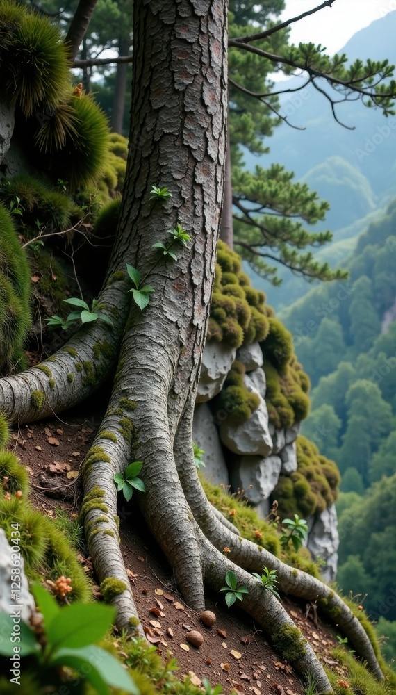 Fototapeta premium Ancient tree trunks weathered to a soft grey color covered in moss and lichen with vines and weeds tangled around them on rugged mountain cliffs, moss, foliage
