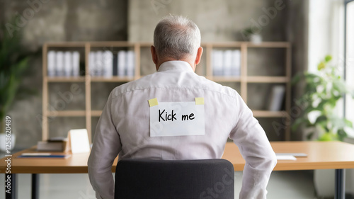 Senior manager sitting obliviously at desk, wearing unexpected kick me sign placed surreptitiously by smirking workplace colleagues during lighthearted office prank