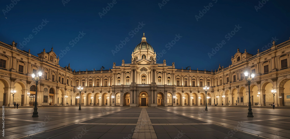 A majestic illuminated city palace, with its grand arches and detailed carvings glowing warmly under the evening lights. The quiet courtyard and softly lit pathways add to the serene. A majestic illuminated city palace, with its grand arches and detailed carvings glowing warmly under the evening lights. The quiet courtyard and softly lit pathways add to the serene.